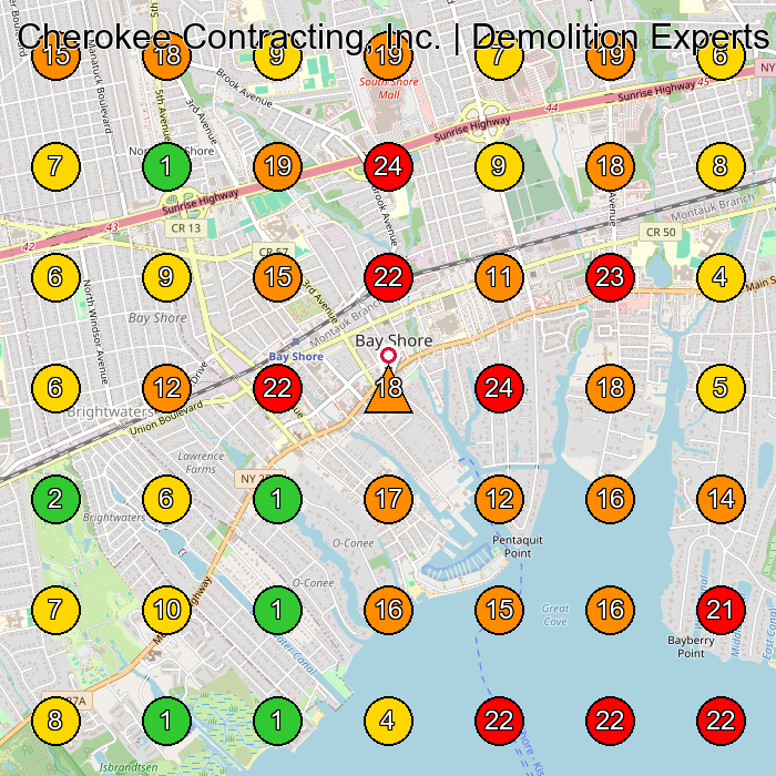 Cherokee Contracting, Inc. | Demolition Experts Dumpster Rental Service GeoGrid ranking map for Bay Shore NY